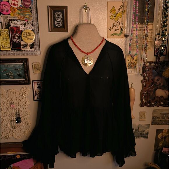 Ruffled Mesh Peasant Blouse Women's Small Black See-Through Gothic Peplum - Picture 1 of 7